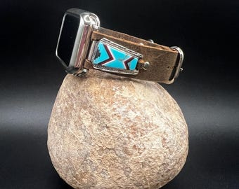 Custom Leather Apple Watch Band Vintage Southwestern Design Sterling Silver, Turquoise, Onyx, Coral and Mother of Pearl Inlay Tips
