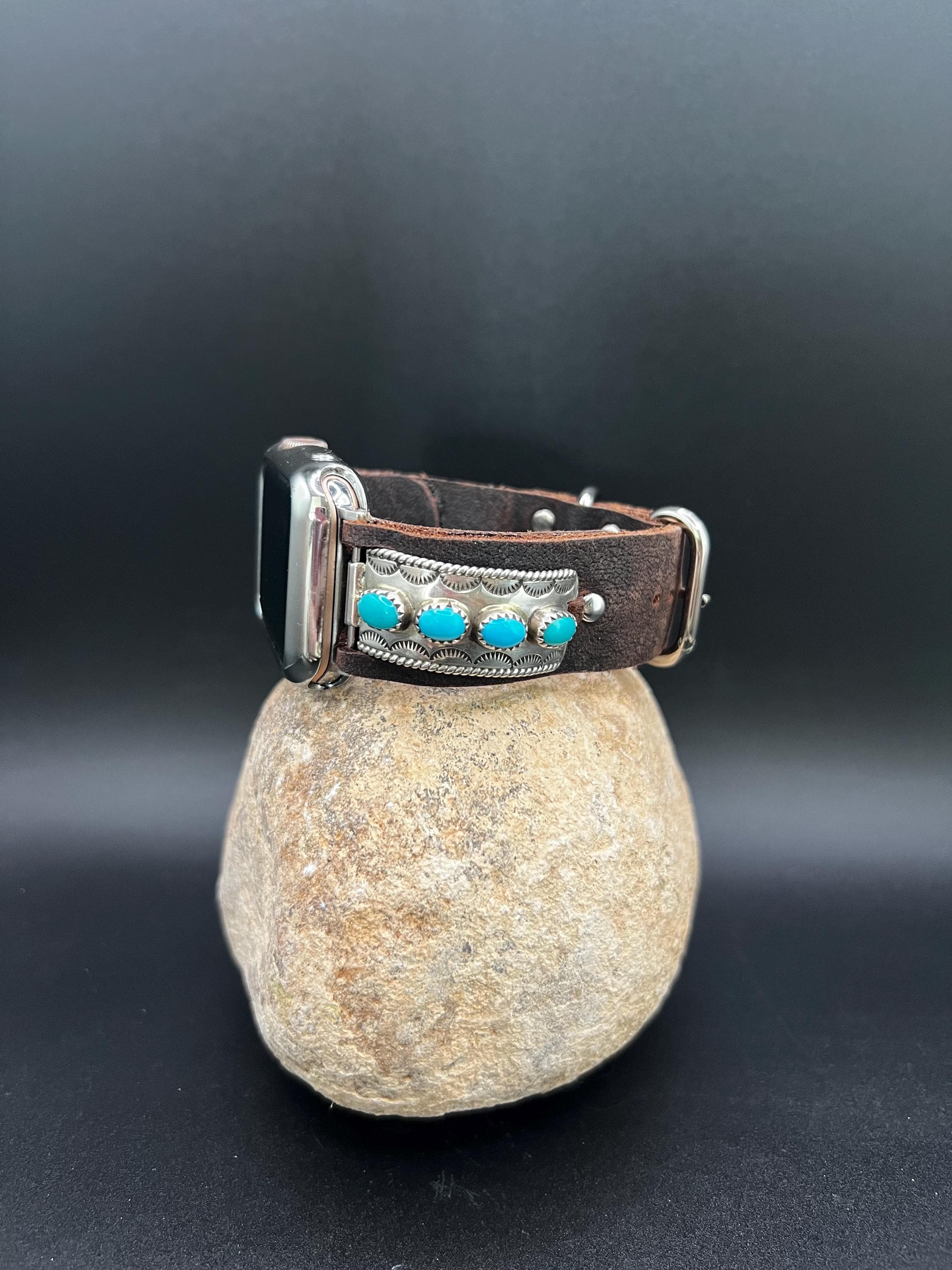 Custom Leather Apple Watch Band Southwestern Design Sterling Silver and Turquoise Tips Native American Made