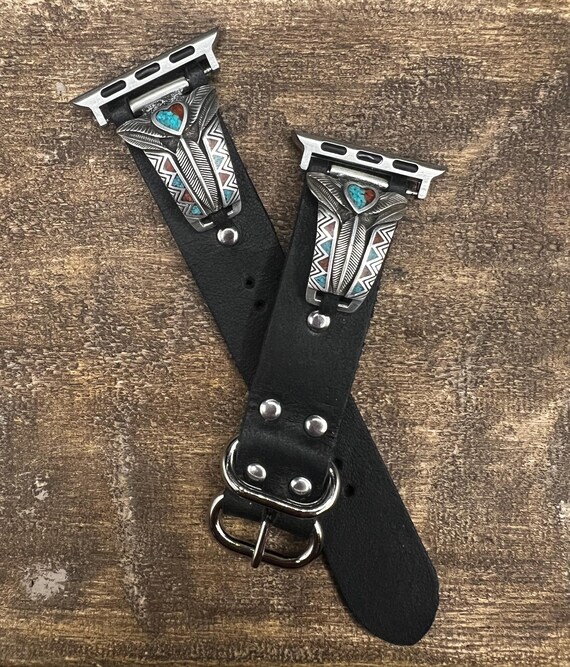 Custom Black Leather Apple Watch Band Southwestern Style  display picture 1