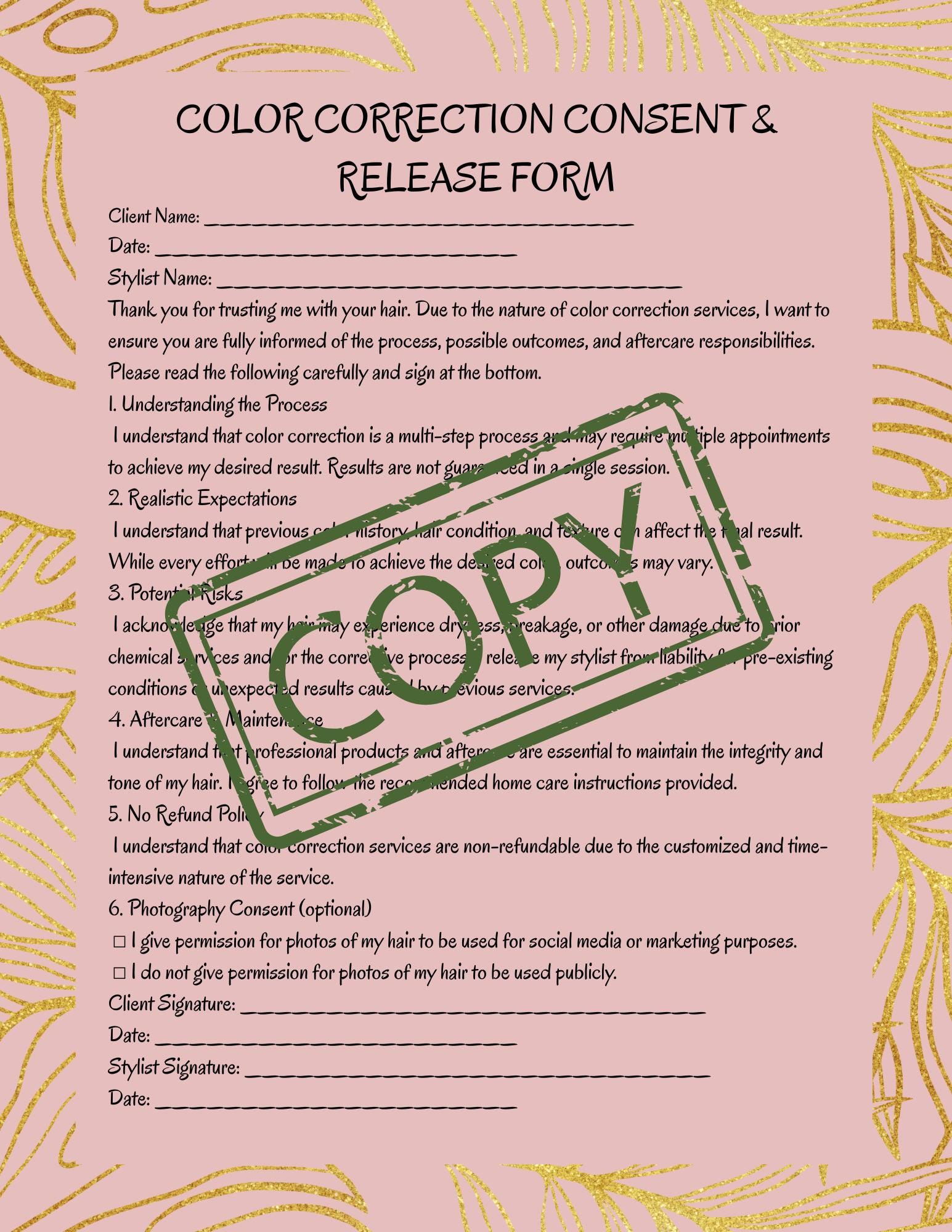 Color Correction Consent Form | Hair Salon Client Waiver (PDF) - Etsy