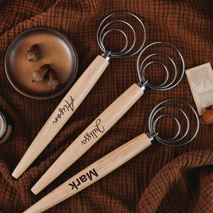Personalized, custom-carved wooden handle dough mixer, suitable for baking and bread making, culinary gift.