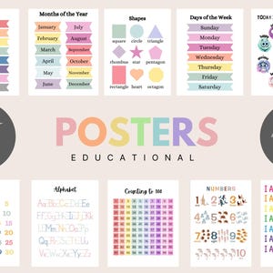 30+ Colourful Educational Wall Posters Rainbow, Printable Wall Art, Classroom Learning Posters, Kids Room Decor, Montessori, Homeschool
