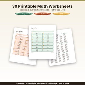 May include: A set of 30 printable math worksheets for 1st grade level, featuring addition and subtraction practice. The pages include T. Rex Trail and Trike Trail themes with color-coded boxes for equations, answer keys, and black and white versions.