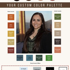 May include: A color palette with warm, earthy, and cool tones. The palette includes colors like burnt orange, rust, mustard yellow, olive gold, brick red, petrol blue, teal, pine green, forest green, olive green, warm taupe, camel, espresso brown, terracotta, icy pastels, cool grays, pure black, and pure white. The palette is labeled "Your Custom Color Palette".