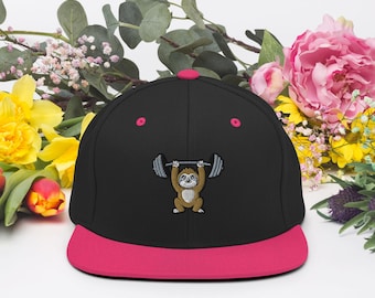 Cute Fun Gym Hat | Funny Sloth Lifting Weights Snapback Hat | Gym Gift for Lifters