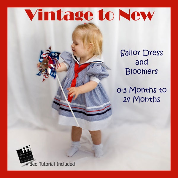 Sailor Dress with Bloomers PDF Sewing Pattern with Video Tutorial Baby Toddler Nappy 3, 6, 9 12, 18, 24 months