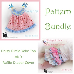 May include: A pattern bundle featuring a Daisy Circle Yoke Top and Ruffle Diaper Cover. The Daisy Top is pink with a floral print, blue trim, and daisy accents. The Ruffle Diaper Cover has pink and blue ruffles. Sizes NB - Toddler 3 and NB - 24 Months.