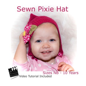 May include: A pink pixie hat with a white polka dot flower on the side. The hat is made for babies and children and comes in sizes from newborn to 10 years. Video tutorial included.