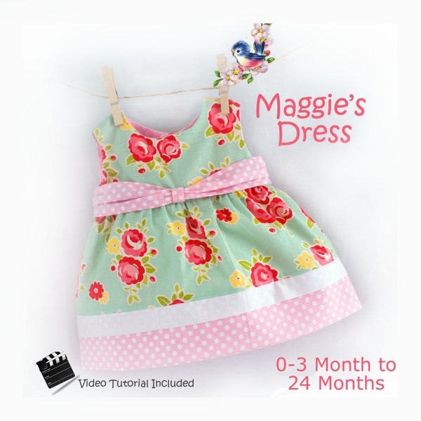 Instant Download PDF Sewing Pattern Baby Toddler Dress 0-3 m, 3, 6-9, 12, 18, 24 m  Beginner Easy Video Tutorial