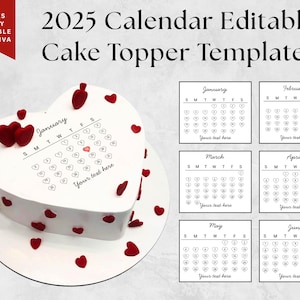Herz-Kuchendeckel 2025 Kalender, Brennen-Kuchendeckel-Kalendervorlage, Zuckerguss, Oblatenpapier, Kuchendeckel, Canva Bearbeitbar