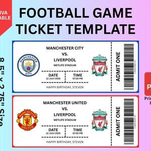 Bearbeitbares Fußballticket, Fußballspielticketgeschenk, Fußballgeburtstagsticket, Vorlagenjubiläum oder Geburtstagsgeschenk für Fußballliebhaber