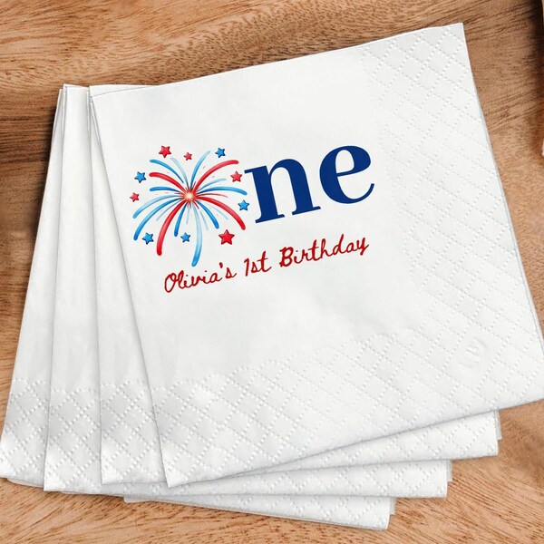 Personalized Firecracker Turning One 1st Birthday Napkins, Our Little Firecracker Birthday Decor, 4th of July Birthday Party Napkins