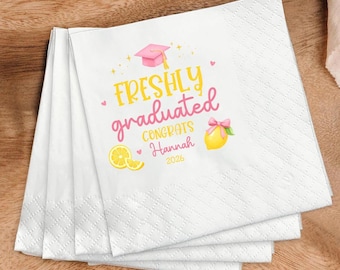 Personalized Pink Freshly Lemon Citrus Graduation Napkins, Freshly Graduated Lemonade Cocktail, Class of 2026, Grad Party Decoration