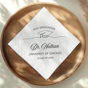 May include: A white square napkin with a diamond pattern, featuring the text "P.H.D. GRADUATION" and "Dr. Nathan" in elegant script. Below, it reads "UNIVERSITY OF CHICAGO CLASS OF 2026". The napkin is placed on a round wooden plate.