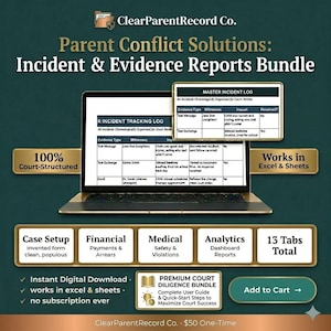 以下が含まれることがあります： ラップトップの画面には、「Parent Conflict Solutions」バンドルが表示され、事件と証拠のレポートが含まれています。画像は、裁判所構造のログ、ExcelとSheetsの互換性、プレミアムデューデリジェンスバンドルなどの機能を強調しています。追加のタブには、ケース設定、財務、医療、分析が含まれます。