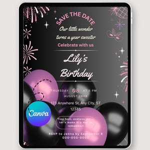 Editable Birthday Invitation, Birthday Invite, Canva Invite, First Birthday, Black Pink Birthday, Digital Party Card Template, Girl/Boy/Kids