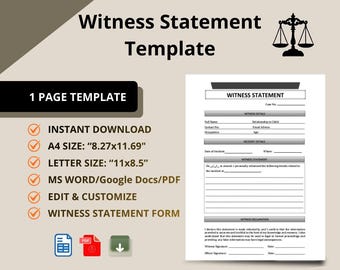 Zeugenaussage für Sorgerechtsvorfälle: Bearbeitbare und druckbare Vorlage für Zeugenaussagen, PDF Sofort-Download