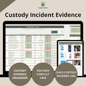 High-conflict Custody Evidence Organizer & Incident Log: Family Court Incident Tracker Spreadsheet For Child's full Custody