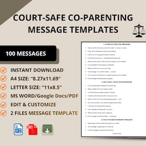 Könnte beinhalten: Eine digitale Vorlage für gerichtsfeste Co-Parenting-Nachrichtenvorlagen. Das Dokument enthält 100 Nachrichten, Sofort-Download, A4-Format (21x29,7 cm), Letter-Format (27,9x21,6 cm) und ist in MS Word/Google Docs/PDF bearbeitbar.