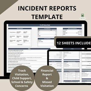Puede incluir: Una plantilla digital de informes de incidentes mostrada en una pantalla de portátil y tableta. La interfaz incluye una hoja de configuración, tabla de contenidos y preguntas frecuentes. El texto indica INCIDENT REPORTS TEMPLATE, 12 SHEETS INCLUDEDED, Track Visitation, Child Support, School & Safety Concerns y Financial Report & Missed Visitation.