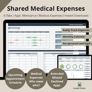Op de afbeelding: Een digitale spreadsheet op een laptop en tablet, getiteld "Shared Medical Expenses". Het scherm toont een kalender, kostenregistratie en afspraakdetails. Tekst bevat "Easily Track Expenses", "Monthly Calendar" en "For personal and legal use."