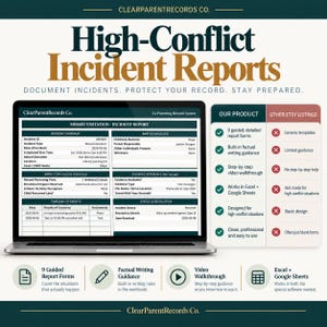 Pode incluir: Um sistema de documentos digitais intitulado High-Conflict Incident Reports da ClearParentRecords Co. exibido na tela de um laptop, apresentando um formulário de relatório de visitas perdidas e uma tabela comparativa de recursos.