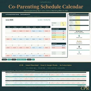 Puede incluir: Un calendario digital de programación de coparentalidad para junio de 2026, con días de custodia asignados automáticamente. El calendario incluye un resumen mensual y porcentajes de división de custodia. El texto dice "Descarga instantánea Excel & Google Sheets".