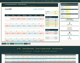 Co-Parenting Schedule Calendar: Auto-Assigns 2-2-3, 2-2-5-5, Alternating Weeks & More | Excel Google Sheets