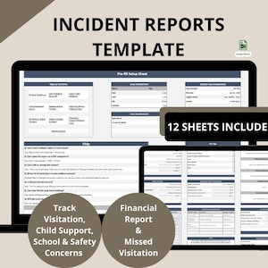 May include: A digital template for incident reports, displayed on a laptop and tablet. The text includes "INCIDENT REPORTS TEMPLATE" and "12 SHEETS INCLUDED." Topics covered include visitation, child support, school, safety, and financial reports.