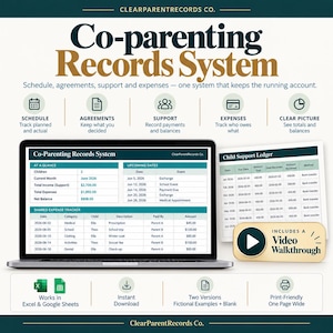 May include: A digital Co-Parenting Records System displayed on a laptop screen and a printed ledger. The interface includes sections for schedules, agreements, support, and expenses, with a video walkthrough button and compatibility icons.