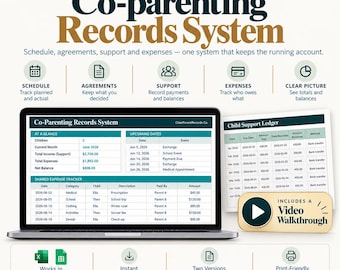 Puede incluir: Un sistema digital de registros de coparentalidad mostrado en una pantalla de portátil y un libro mayor impreso. La interfaz incluye secciones para horarios, acuerdos, manutención y gastos, con un botón de video y varios iconos.