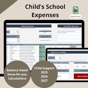 Puede incluir: Una pantalla digital de una hoja de cálculo titulada "Child's School Expenses" en una computadora portátil y una tableta. La hoja de cálculo incluye secciones para gastos, acuerdos de padres y reembolsos. El texto en la pantalla incluye "Balance Owed" y "Child Support 2025-2027."