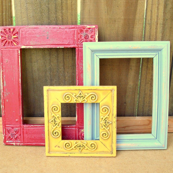 Graham Frame Trio - upcycled shabby cottage chic - 3 frames painted in marigold, brick red, gray