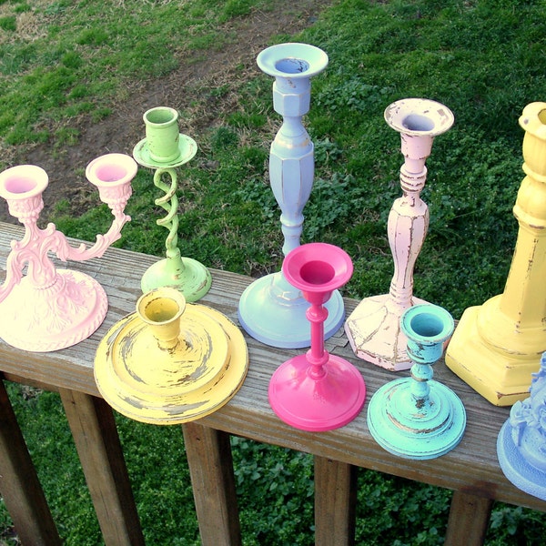 Spring Promenade Candlestick Collection - 9 candle holders painted in soft pastel rainbow colors - upcycled shabby chic