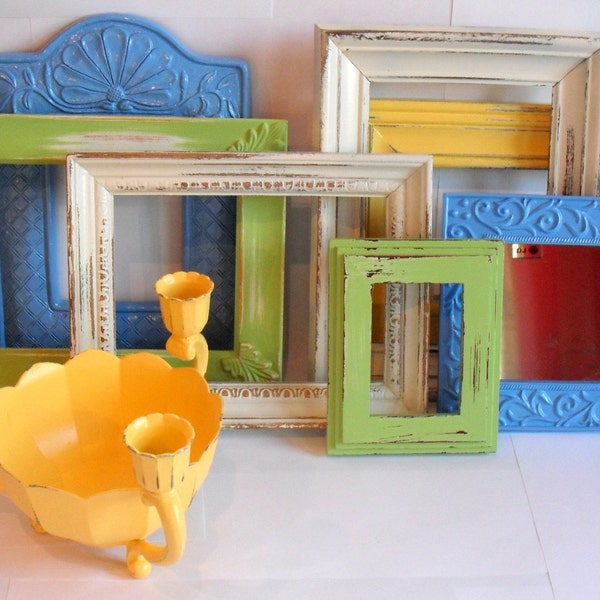 June Sale - Beachfront Cottage Collection, 8 pcs- 6 frames, a mirror and a candelabra