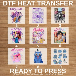 May include: A collection of DTF heat transfer designs featuring various graphics. Designs include anime-style characters, a blue cat, and the text "HUNTRAX" and "SAJABOYS". The bottom of the image reads "READY TO PRESS".