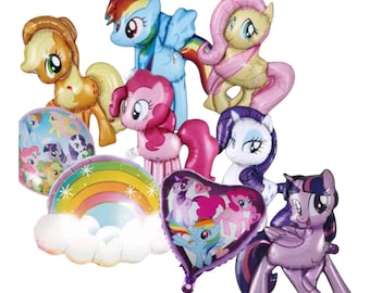 May include: A collection of My Little Pony foil balloons featuring various characters including Rainbow Dash, Fluttershy, Applejack, Pinkie Pie, Rarity, and Twilight Sparkle, alongside a rainbow-shaped balloon and a heart-shaped balloon with graphics.
