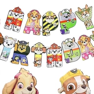 May include: A colorful "Happy Birthday" banner featuring cartoon dog characters. The letters are decorated with images of the dogs in various poses and outfits. Balloons in red and blue are also visible.