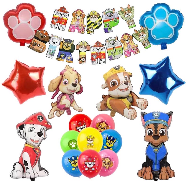May include: A collection of colorful Paw Patrol-themed party decorations. Includes foil balloons in the shape of a paw print, star, and character figures. There are also several round balloons with character images and a banner that spells "HAPPY BIRTHDAY".