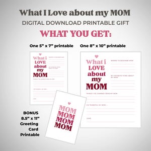 K&ouml;nnte beinhalten: Digitaler Download, druckbares Geschenk mit dem Text "What I Love about my MOM". Enth&auml;lt einen 12,7 cm x 17,8 cm gro&szlig;en Druck, einen 20,3 cm x 25,4 cm gro&szlig;en Druck und eine Bonus-Gru&szlig;karte von 21,6 cm x 27,9 cm. Die Drucke bieten Platz, um &uuml;ber Mama zu schreiben.