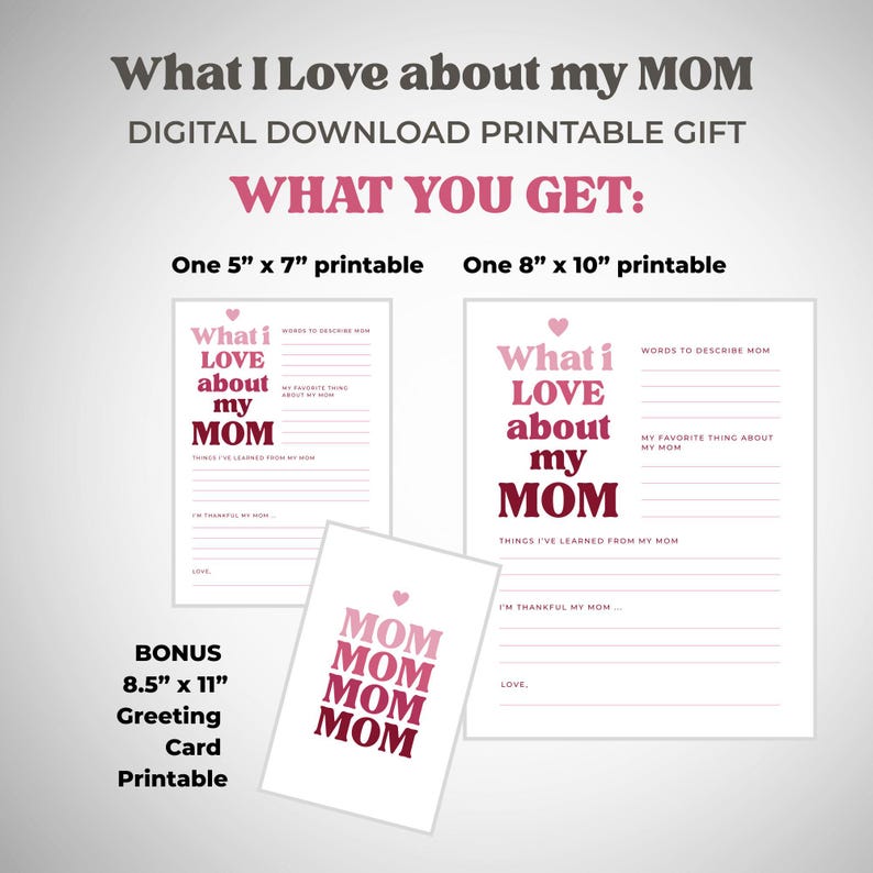 K&ouml;nnte beinhalten: Digitaler Download, druckbares Geschenk mit dem Text "What I Love about my MOM". Enth&auml;lt einen 12,7 cm x 17,8 cm gro&szlig;en Druck, einen 20,3 cm x 25,4 cm gro&szlig;en Druck und eine Bonus-Gru&szlig;karte von 21,6 cm x 27,9 cm. Die Drucke bieten Platz, um &uuml;ber Mama zu schreiben.