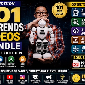 May include: A digital product bundle titled 2026 Edition 101 AI Trends Videos Bundle featuring a white robot figure. The graphic includes text detailing MP4 video collections, AI agent trends, RAG, coding agents, video generation, and multimodal AI.