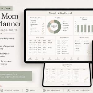 May include: A digital New Mom Life Planner displayed on a tablet, a phone, and a smaller tablet. The planner includes sections for tracking expenses, sleep, and milestones. The design is in shades of green and white, with the text "New Mom Life Planner."