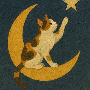 Nuovo negozio speciale! Poster con gatto calico su luna crescente - Arte murale con notte stellata, stampa di un simpatico gatto e luna - Sconto del 20%