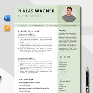 Może przedstawiać: Szablon CV z jasnozielonym i białym designem. CV zawiera sekcje dotyczące doświadczenia zawodowego, umiejętności i wykształcenia. Portret mężczyzny znajduje się w prawym górnym rogu. Kalkulator, długopis i spinacze do papieru znajdują się na zdjęciu.