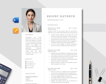 May include: A professional resume template with a photo of a woman in a blazer. The resume includes sections for summary, experience, and education. The resume is designed to be easily customizable with a clean, modern layout.
