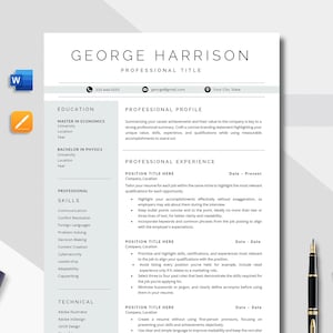 Könnte beinhalten: Eine professionelle Lebenslaufvorlage mit dem Namen "GEORGE HARRISON" oben. Der Lebenslauf enthält Abschnitte für Ausbildung, berufliche Fähigkeiten und Erfahrung. Ein Taschenrechner, ein Stift und Büroklammern befinden sich an der Seite.