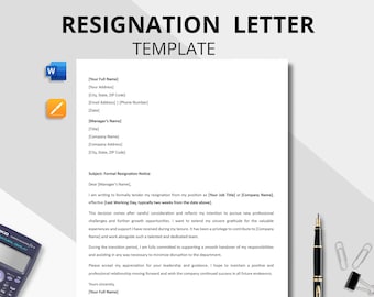 Plantilla de carta de renuncia profesional: editable en MS Word y Pages (descarga inmediata)