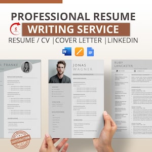 Op de afbeelding: Afbeelding van een professionele cv-schrijfservice. De afbeelding toont drie cv's met headshots, de tekst "PROFESSIONAL RESUME WRITING SERVICE" en pictogrammen voor CV, sollicitatiebrief en LinkedIn.