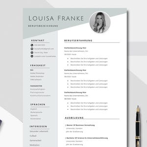 May include: A professional resume template in shades of gray and white, featuring the name "LOUISA FRANKE" at the top. The resume includes sections for contact information, skills, experience, and education. A photo of a woman is in the upper right corner.